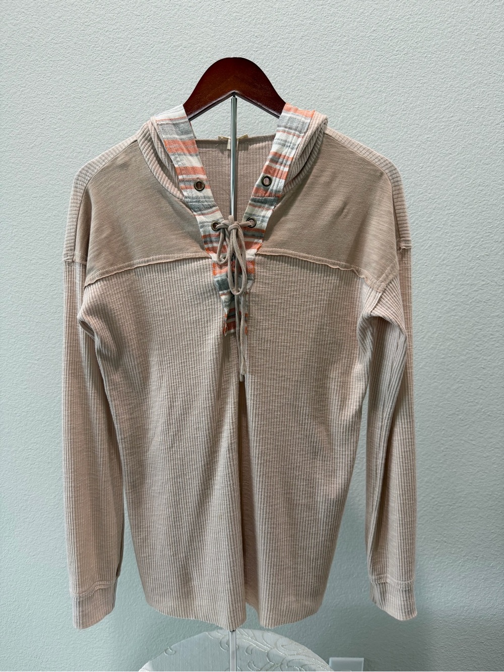 Hem & Thread Striped Hooded Waffle Top in Coral, Gray and Cream